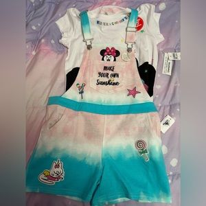 Disney Minnie Mouse Pink/Blue Short Overalls Set w/Minnie Mouse T-Shirt:Size 12